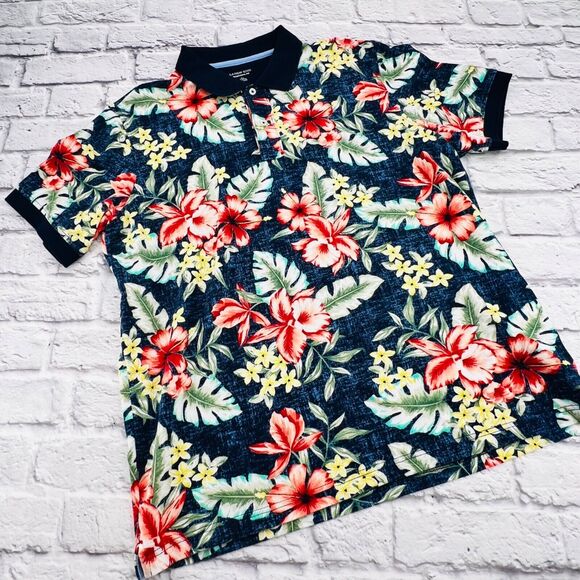 Land's End Short Sleeve Polo Shirt Men's Large Dark Blue Floral Traditional Fit - Picture 1 of 9